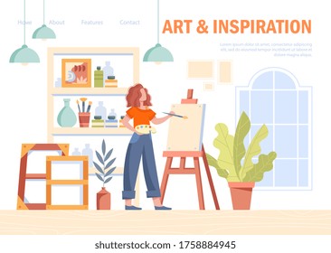 Art and Inspiration concept with woman painting on a canvas in her studio on an easel, colored vector illustration