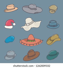 Art isolated illustration of a different kinds of hats on a grey background. Set collection for design, card, print, sticker, textile, t-shirt - Vector