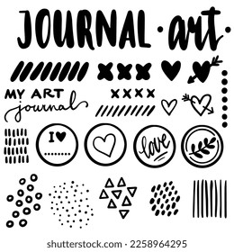 art journal dot line cross heart text graphic monochrome vector elements isolated on white background