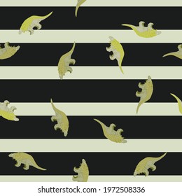 Art jungle seamless pattern with green random dinosaurs print. Striped black and light background. Stock illustration. Vector design for textile, fabric, giftwrap, wallpapers.