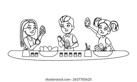 art kid painting easter eggs vector. craft colors, spring creativity, tradition family art kid painting easter eggs character. people black line pencil drawing illustration