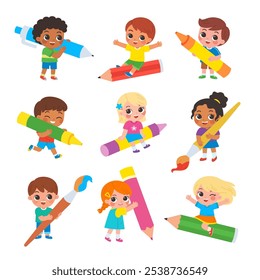 Art for Kids. Set of Children draw big art together with large art supplies. Colorful cartoon characters.