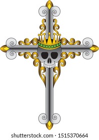 Art King Skull Cross.Hand drawing and make graphic vector.