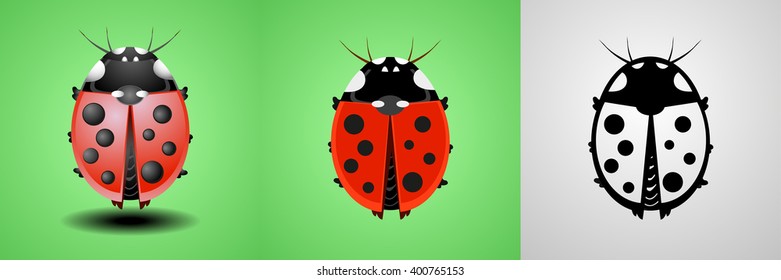 Art ladybug set: real, flat, solid