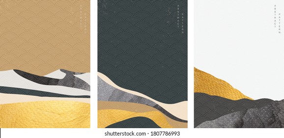 Art landscape background with Gold and black texture vector. Mountain forest template with Japanese wave pattern in oriental style. 