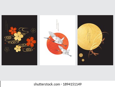 Art landscape background with gold texture vector. Japanese hand drawn wave pattern with crane birds and mountain banner in vintage style. Moon and sun elements template.