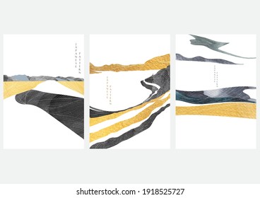 Art landscape background with gold texture vector. Japanese hand drawn wave pattern with mountain forest banner in vintage style.