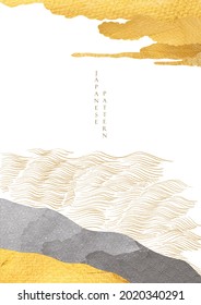 Art landscape background with gold texture vector. Japanese hand drawn wave pattern with crane birds and mountain banner in vintage style.