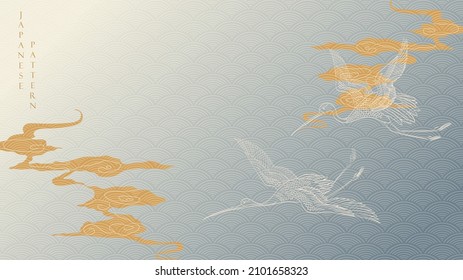 Art landscape background with gold texture vector. Japanese wave pattern with hand drawn line crane birds and cloud banner in vintage style.