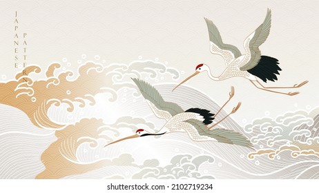 Art landscape background with gold texture vector. Japanese hand drawn wave pattern with crane birds and ocean sea banner in vintage style.