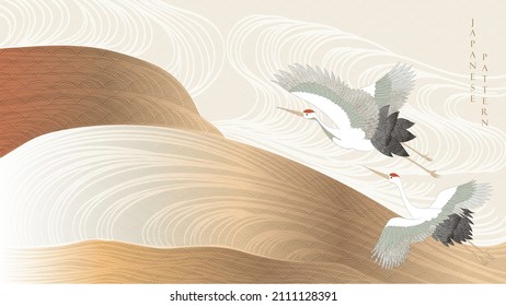 Art landscape background with gold texture vector. Japanese hand drawn wave pattern with crane birds and gold ocean sea banner in vintage style.