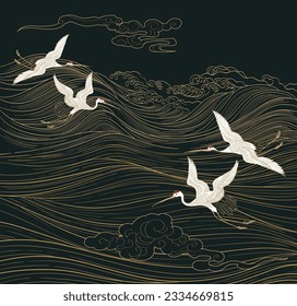 Art landscape background with gold texture vector. Japanese hand drawn wave pattern with crane birds and mountain banner in vintage style.