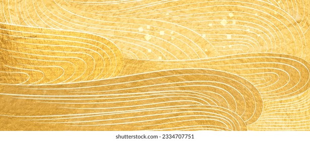 Art landscape background with gold texture vector. Japanese hand drawn wave pattern with mountain banner in vintage style.