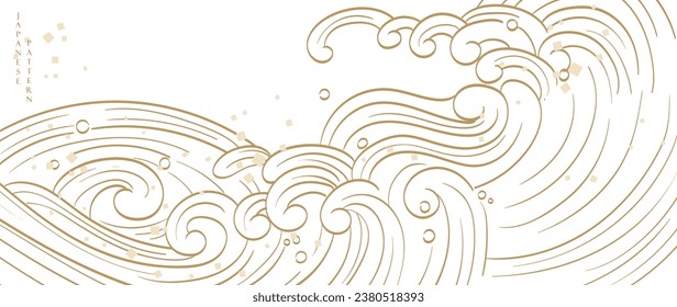 Art landscape background with gold texture vector. Japanese hand drawn wave pattern with ocean sea banner in vintage style.