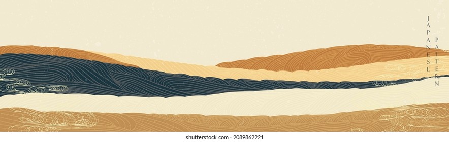 Art landscape background with Hand drawn wave texture vector. Line pattern with mountain forest banner in vintage style. Wide wallpaper.