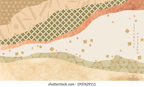 Fondo de paisaje artístico con vector de patrón japonés. Elementos de onda dibujados a mano con pancarta geométrica de estilo vintage.