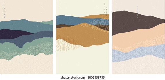 Art landscape background with Japanese wave pattern vector. Abstract template with curve element. Mountain forest layout design in vintage style. 