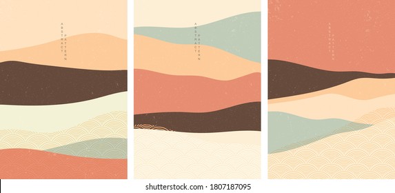 Art landscape background with Japanese wave pattern vector. Abstract template with mountain forest in oriental style. 