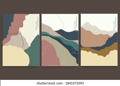 Art landscape background with Japanese wave pattern vector. Abstract template with curve element. Mountain forest layout design in vintage style.