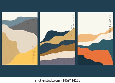 Art landscape background with Japanese wave pattern vector. Abstract template with curve element. Mountain forest layout design in vintage style.