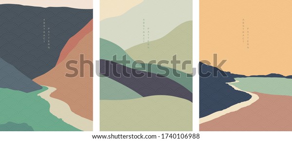 Art landscape background with Japanese wave
pattern vector. Natural wallpaper with curve elements. Abstract art
template in vintage style.