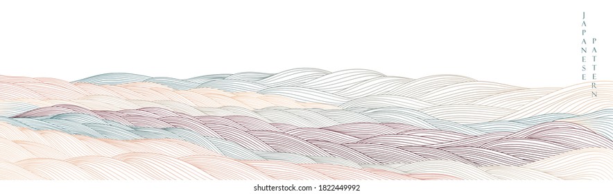 Art landscape background with line pattern vector. Japanese hand drawn wave pattern mountain banner in vintage style.