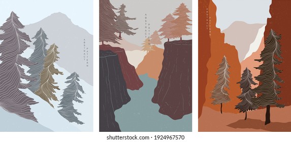 Art landscape background with wooden pattern vector. Natural abstract with mountain forest banner in vintage style. Autumn season template.