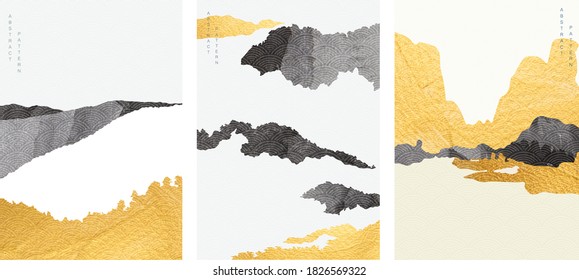 Art landscape with gold foil texture vector. Abstract background  with black watercolor in oriental style.