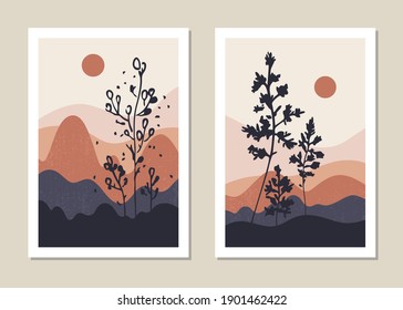 Art landscape wall set. Abstract landscape design for covers, posters, prints, wall art in a minimalist style. Vector.