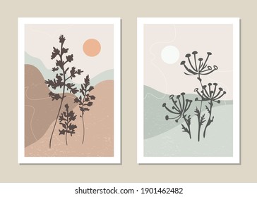 Art landscape wall set. Abstract landscape design for covers, posters, prints, wall art in a minimalist style. Vector.