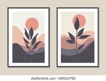Art landscape wall set. Abstract landscape design for covers, posters, prints, wall art in a minimalist style. Vector.