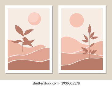 Paredes de paisaje artístico. Botánico. Diseño paisajístico abstracto para cubiertas, afiches, impresiones, arte mural en un estilo minimalista. Vector.