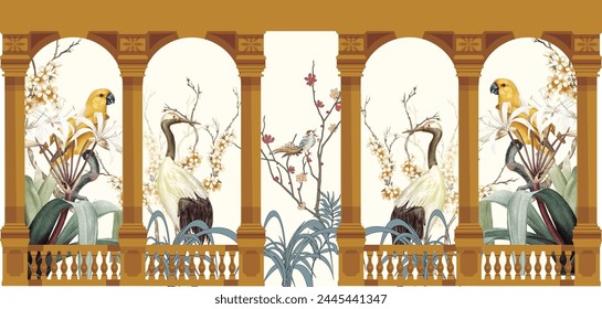 Fondo de Fondo de pantalla paisajístico de arte. estilo chinoiserie con ilustraciones de garzas, pájaros y peonías. estilo chinoiserie Fondo de pantalla interior.