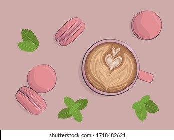 Art Latte and macarons in pink colors with mint leaves. Flat lay. Vector illustration.