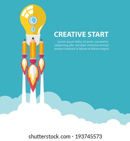 Art launch light bulb and pencil rocket with sky space. Creative start concept. Vector illustration. Flat design