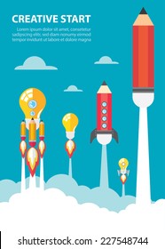 Art launch light bulb and pencil rocket with sky space. Creative start concept. Vector illustration. Flat design