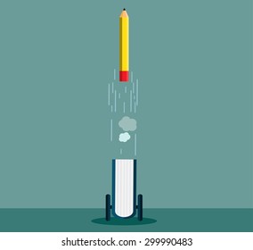 Art launch light bulb and pencil rocket with sky space. Creative start concept. Vector illustration. Flat design