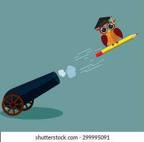 Art launch light bulb and pencil rocket with sky space. Creative start concept. Vector illustration. 