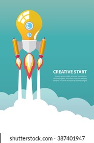 Art launch light bulb and pencil rocket with sky space in A4 size. Creative startup concept. Vector illustration. Flat design