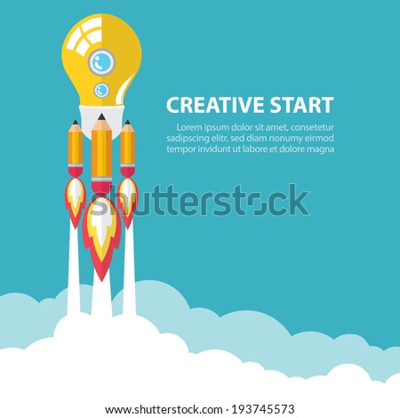 Art launch light bulb and pencil rocket with sky space. Creative start concept. Vector illustration. Flat design