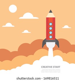 Art launch pencil rocket with sky space, Creative start, Vector illustration.