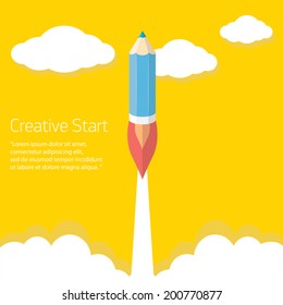Art launch pencil rocket in sky space. Creative start, Vector illustration. back to school illustration.