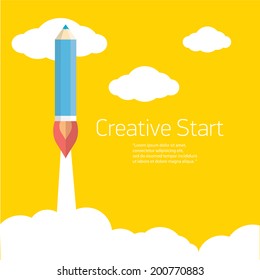 Art launch pencil rocket in sky space. Creative start, Vector illustration. back to school illustration.