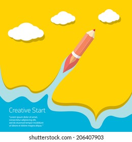 Art launch pencil rocket in sky space. Creative start, Vector illustration. back to school illustration.