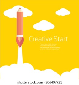 Art launch pencil rocket in sky space. Creative start, Vector illustration. back to school illustration.