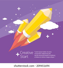 Art launch pencil rocket in sky space. Creative start, Vector illustration. back to school illustration.