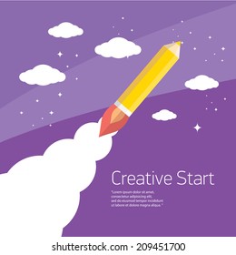 Art launch pencil rocket in sky space. Creative start, Vector illustration. back to school illustration.