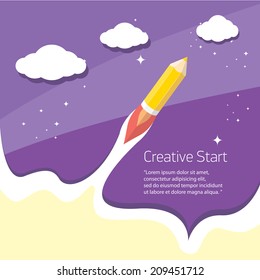 Cohete de lápiz de lanzamiento de arte en el espacio aéreo. Inicio creativo, Ilustración vectorial. ilustración de regreso a la escuela.