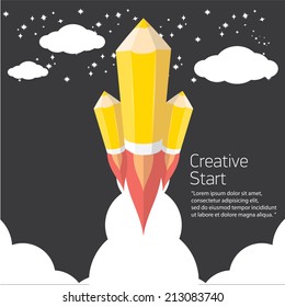Art launch pencil rocket in sky space. Creative start, Vector illustration. back to school illustration.
