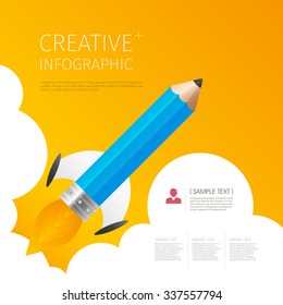 Art launch pencil rocket in sky space. Creative start, Vector illustration. 